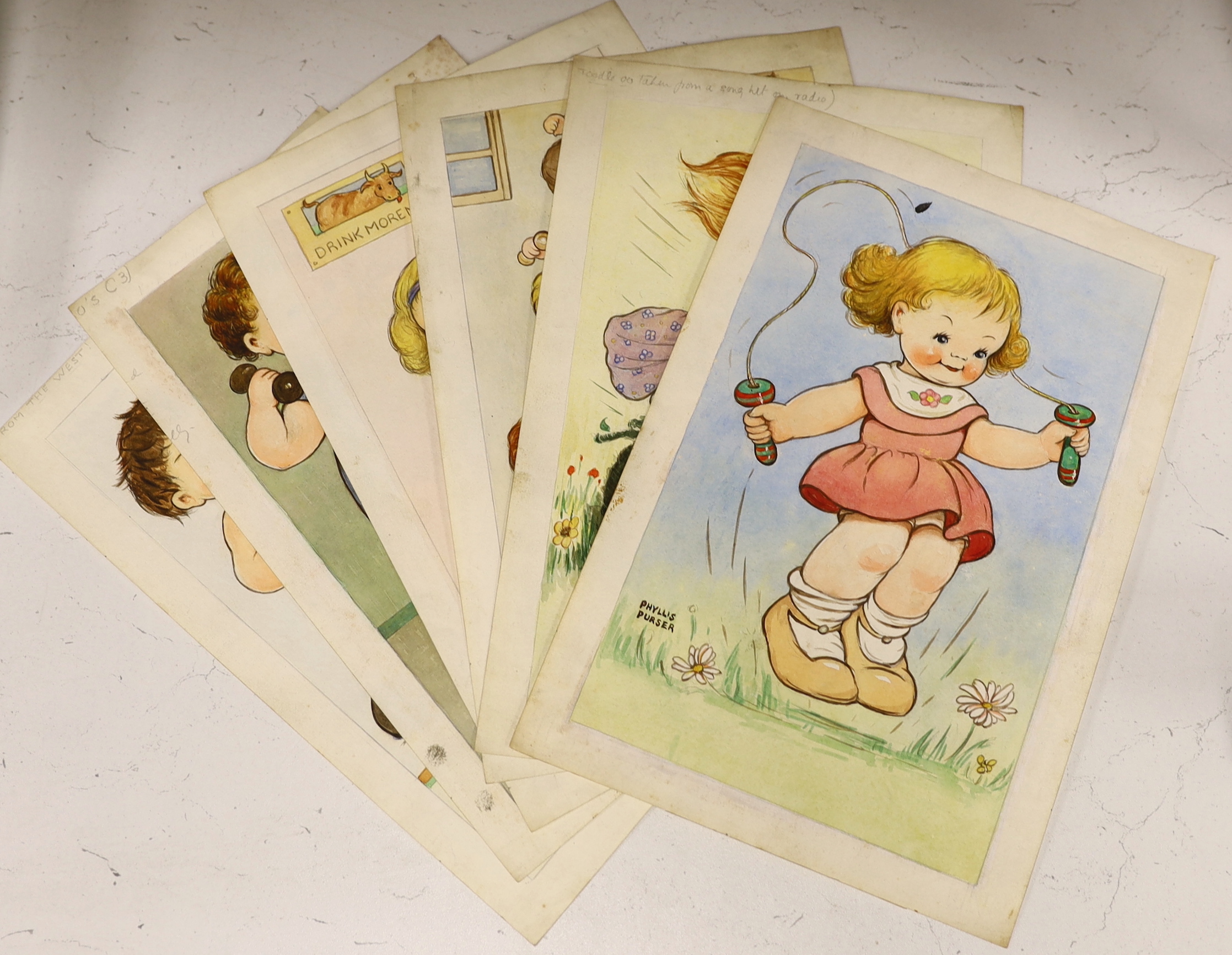 Phyllis Purser (1893-1990), set of six 1940/50’s original watercolour postcard designs, Humorous children, ‘Keep Fit Series’, each signed, 33 x 22cm, unframed (6)
